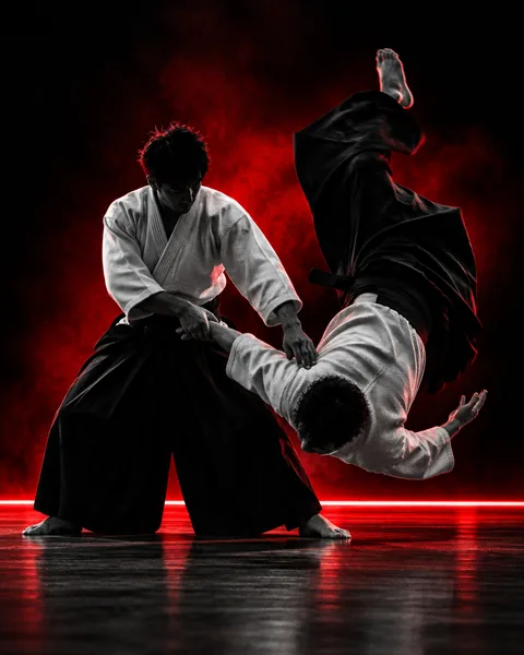 Practicante de aikido con hakama negra proyectando a su compañero en el tatami del dojo