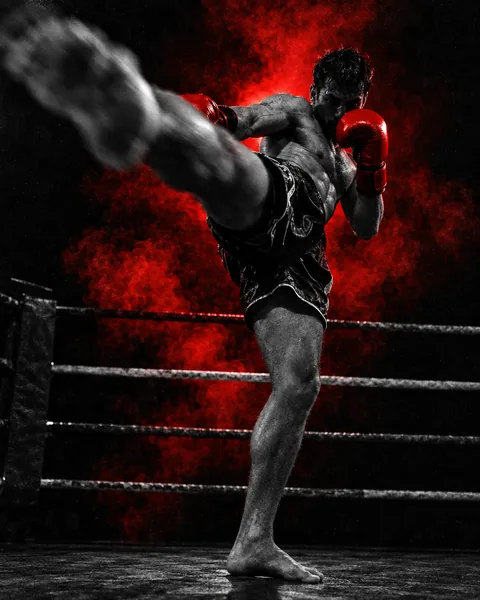 Luchador de kickboxing lanzando una patada alta con guantes de boxeo