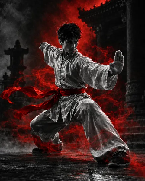 Practicante de kung fu con traje tradicional chino en una posición de combate