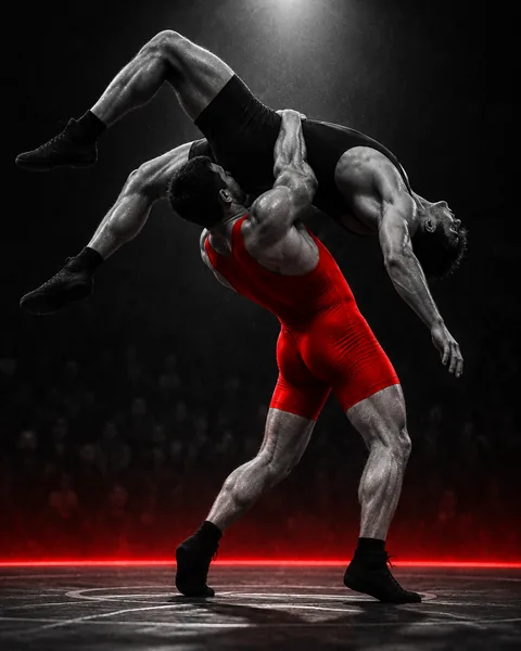 Dos luchadores de lucha olímpica con maillot agarrados en el tapiz durante un combate