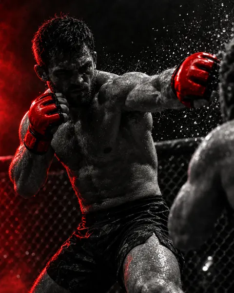 Luchador de artes marciales mixtas con guantes rojos lanzando un golpe dentro de la jaula