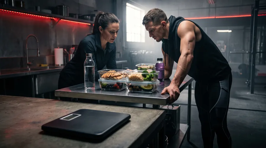 Nutricionista deportiva preparando el plan de comidas de un luchador