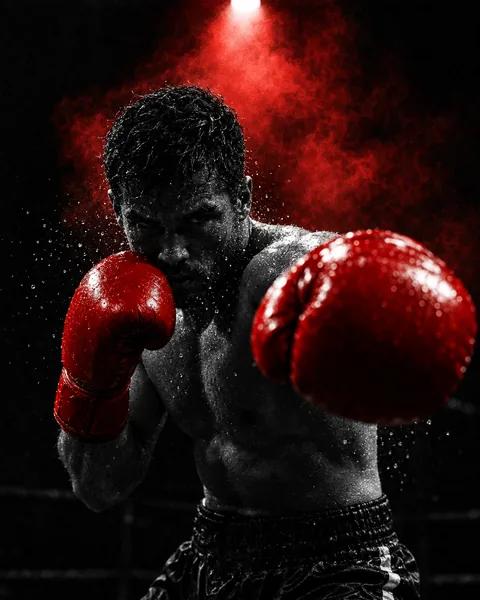 Boxeador con guantes rojos lanzando un directo bajo el foco