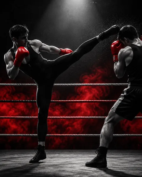 Tirador de savate con mono de competición y guantes rojos lanzando una patada alta con la punta del pie en el ring