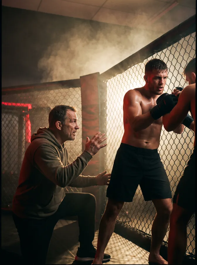 Deportista de MMA trabajando con su entrenador