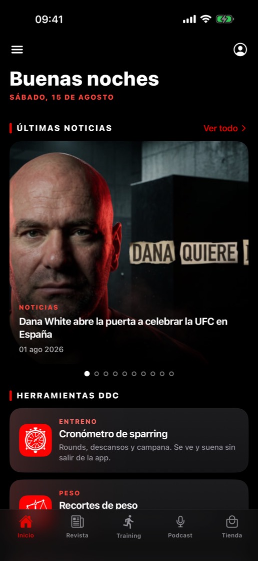 Pantalla de inicio de la aplicación deporte de contacto con la portada de la revista