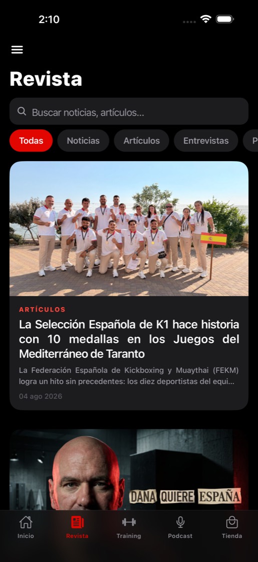 Listado de noticias y artículos de la revista deporte de contacto en el móvil