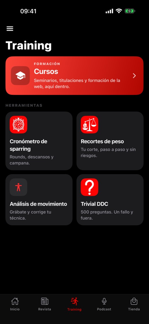 Pestaña training de deporte de contacto con las herramientas para entrenar