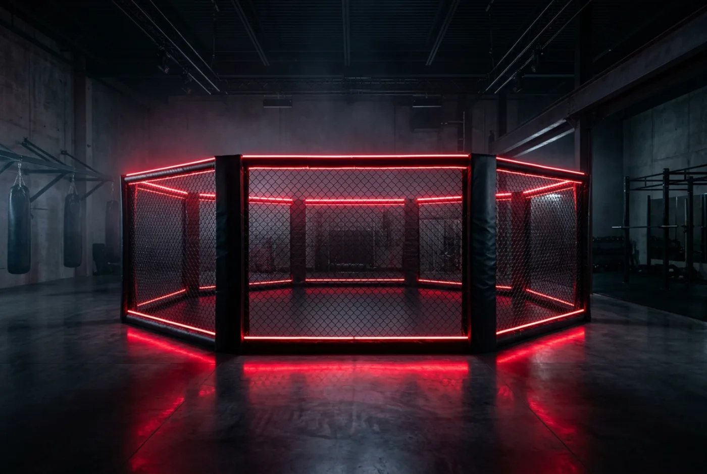 Jaula octogonal de mma con perfil de luz roja