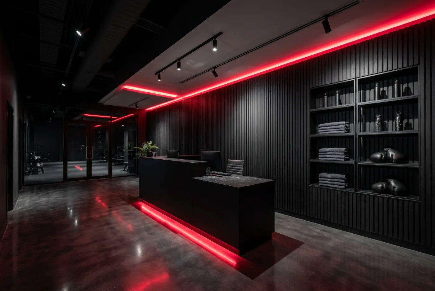 Recepción del club con mostrador y lineal de material