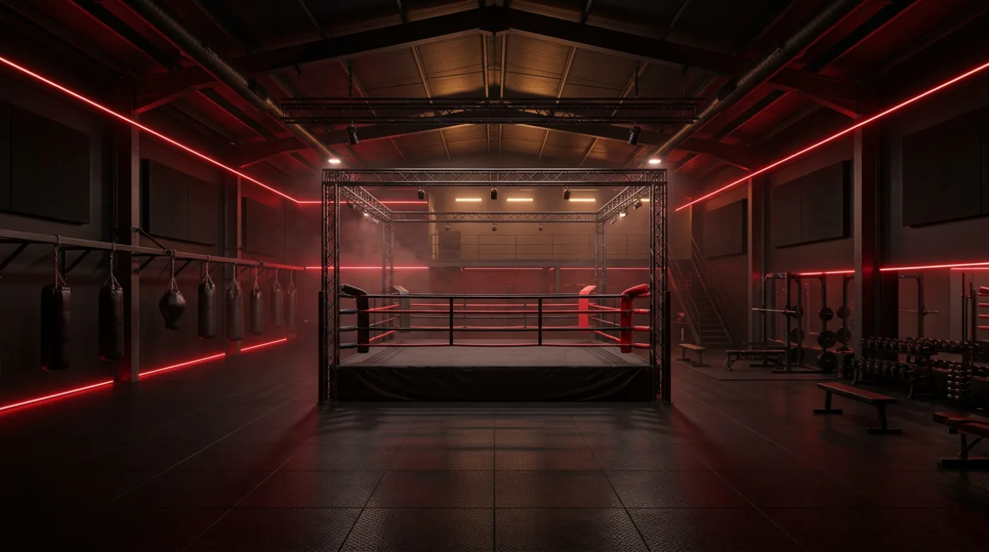 Ring de boxeo iluminado en rojo en la sala de free dojo lugo