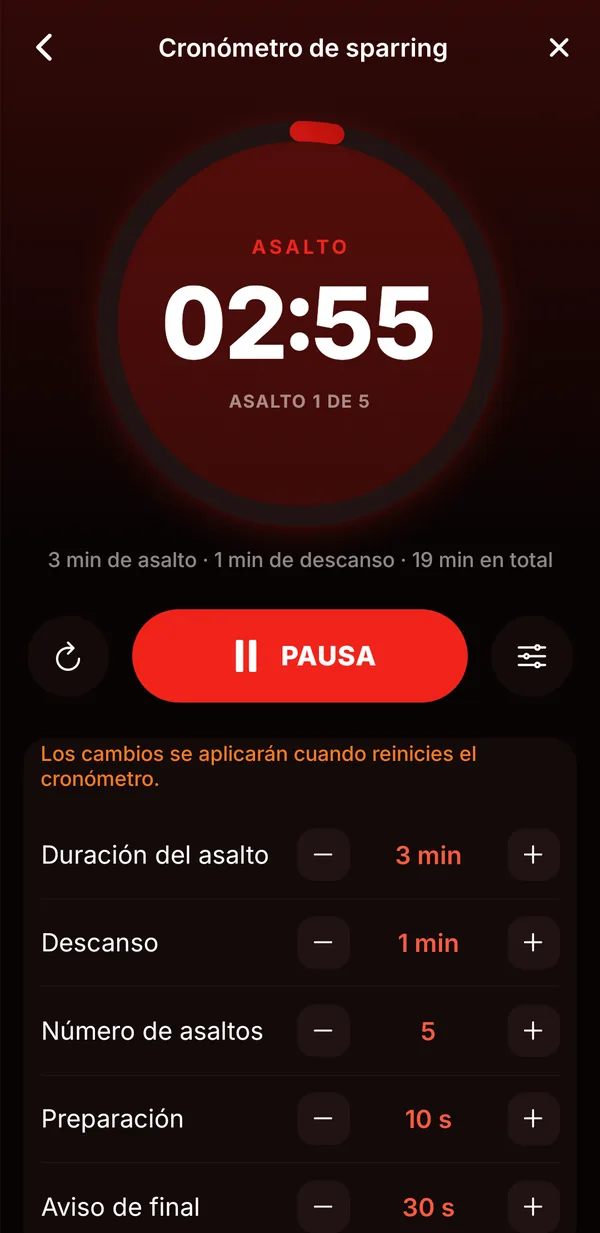 Cronómetro de sparring con sus ajustes