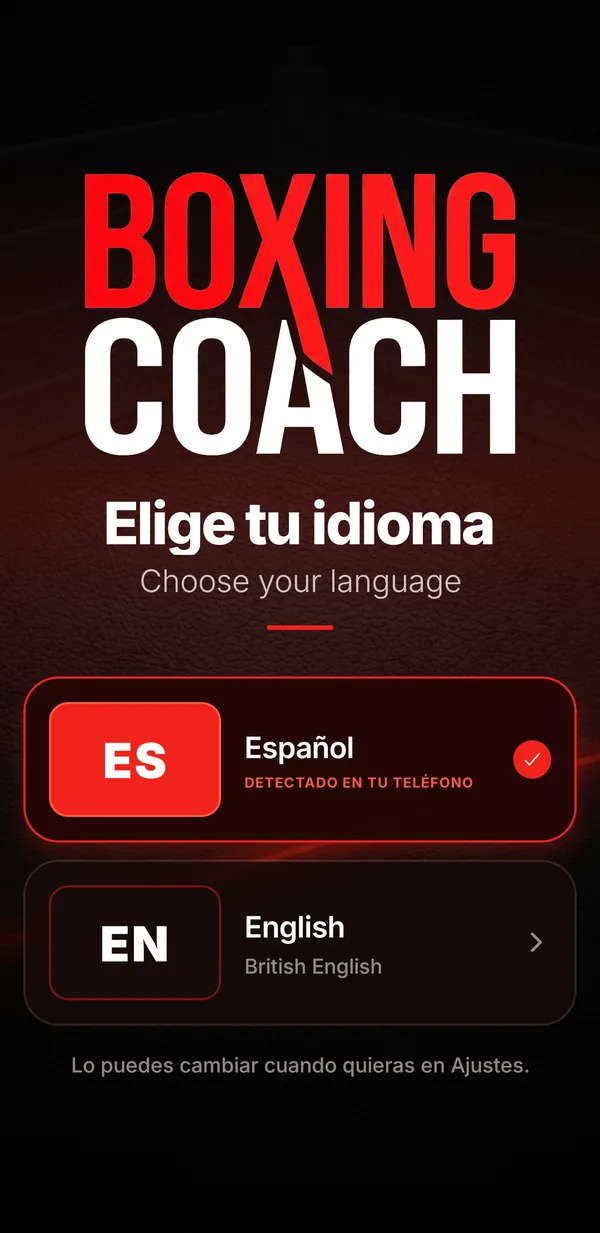 Pantalla de bienvenida de boxing coach para elegir idioma