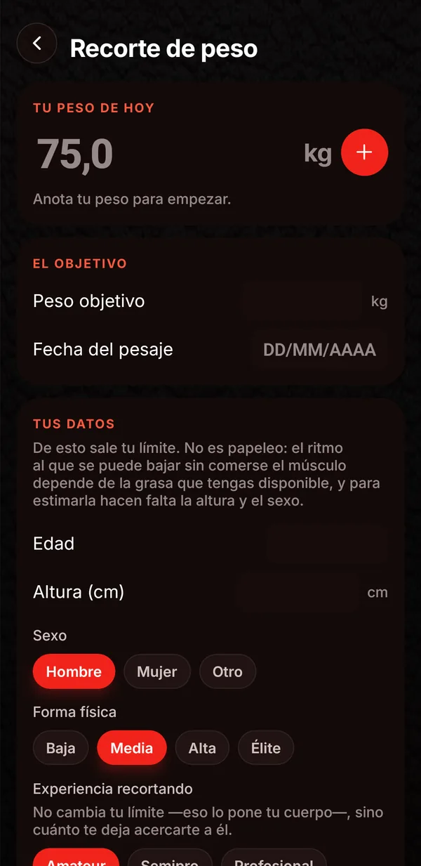 Recorte de peso: peso de hoy, objetivo y datos