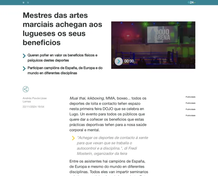 Recorte de la televisión de galicia sobre los maestros de artes marciales en lugo