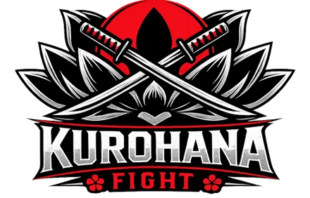 Logotipo oficial de kurohana fight: flor de loto negra sobre un sol rojo con dos katanas cruzadas