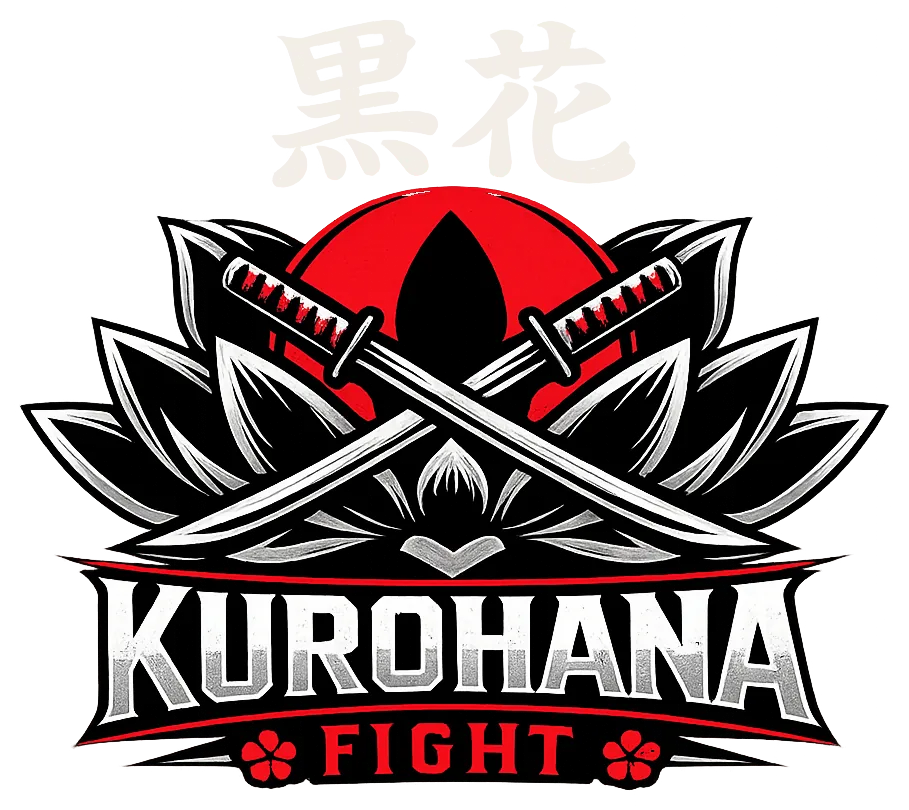 Logotipo oficial de kurohana fight: el kanji 黒花, flor de loto negra sobre un sol rojo y dos katanas cruzadas