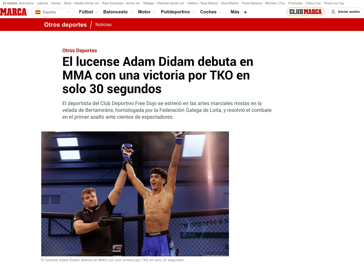Captura de la noticia de marca del 14 de septiembre de 2026: el lucense adam didam debuta en mma con una victoria por tko en solo 30 segundos