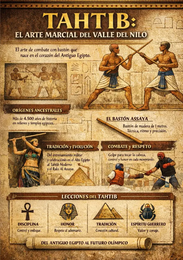 Infografía de mundo marcial sobre el tahtib, el arte del bastón egipcio