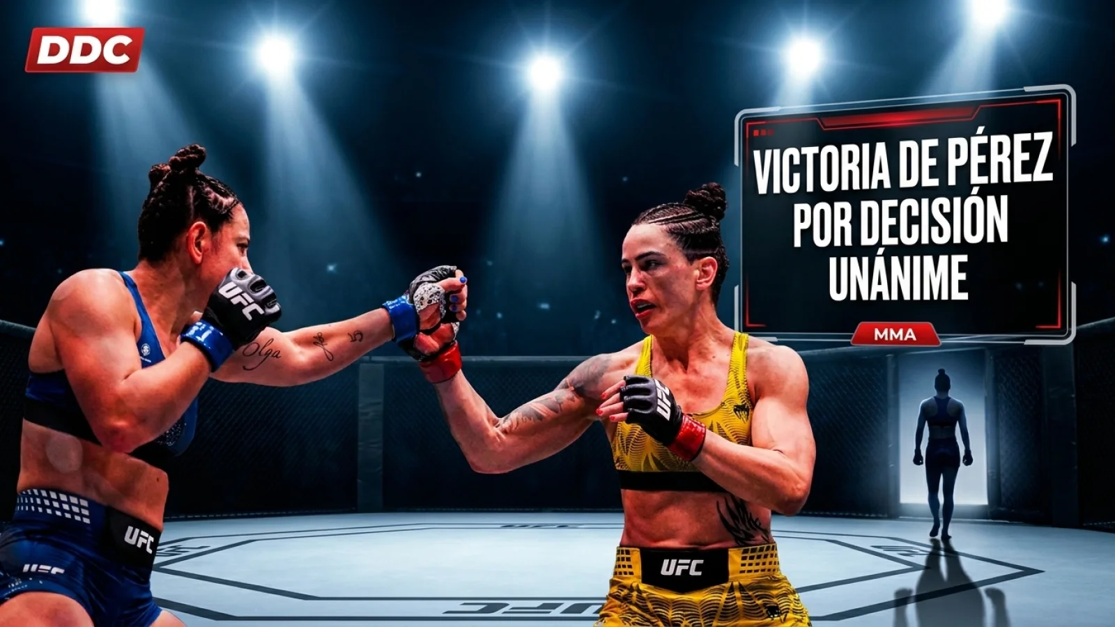 Lona del octógono de mma iluminada por focos con la silueta desenfocada de una luchadora al fondo.