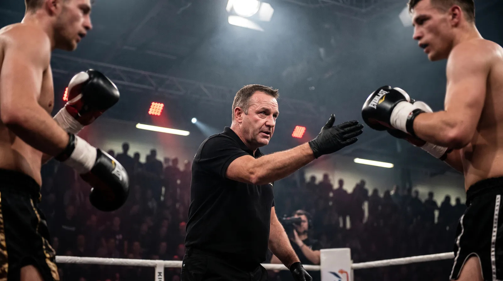 Árbitro separando a dos kickboxers en el ring