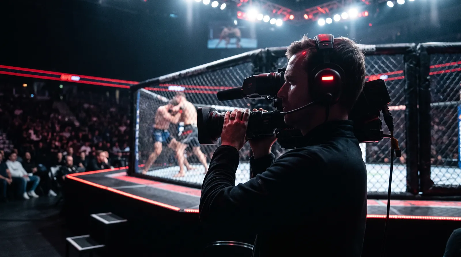 Cámara de televisión grabando un combate de mma junto a la jaula