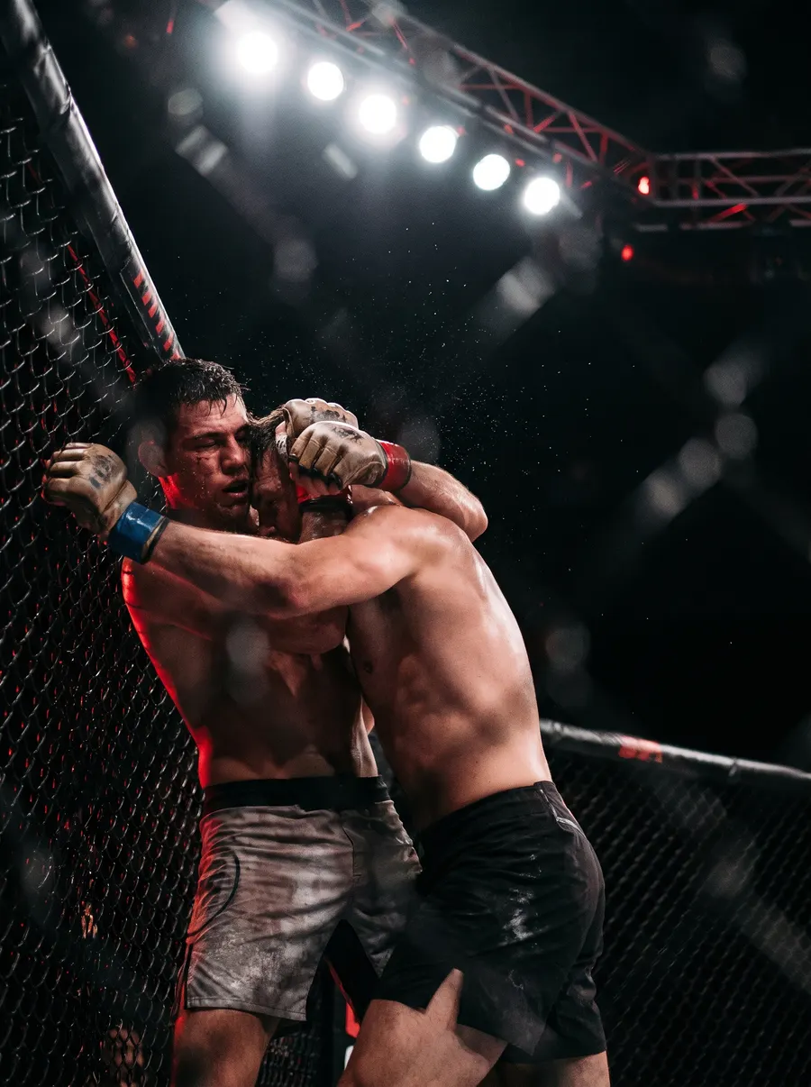 Dos luchadores de mma en el clinch contra la reja de la jaula
