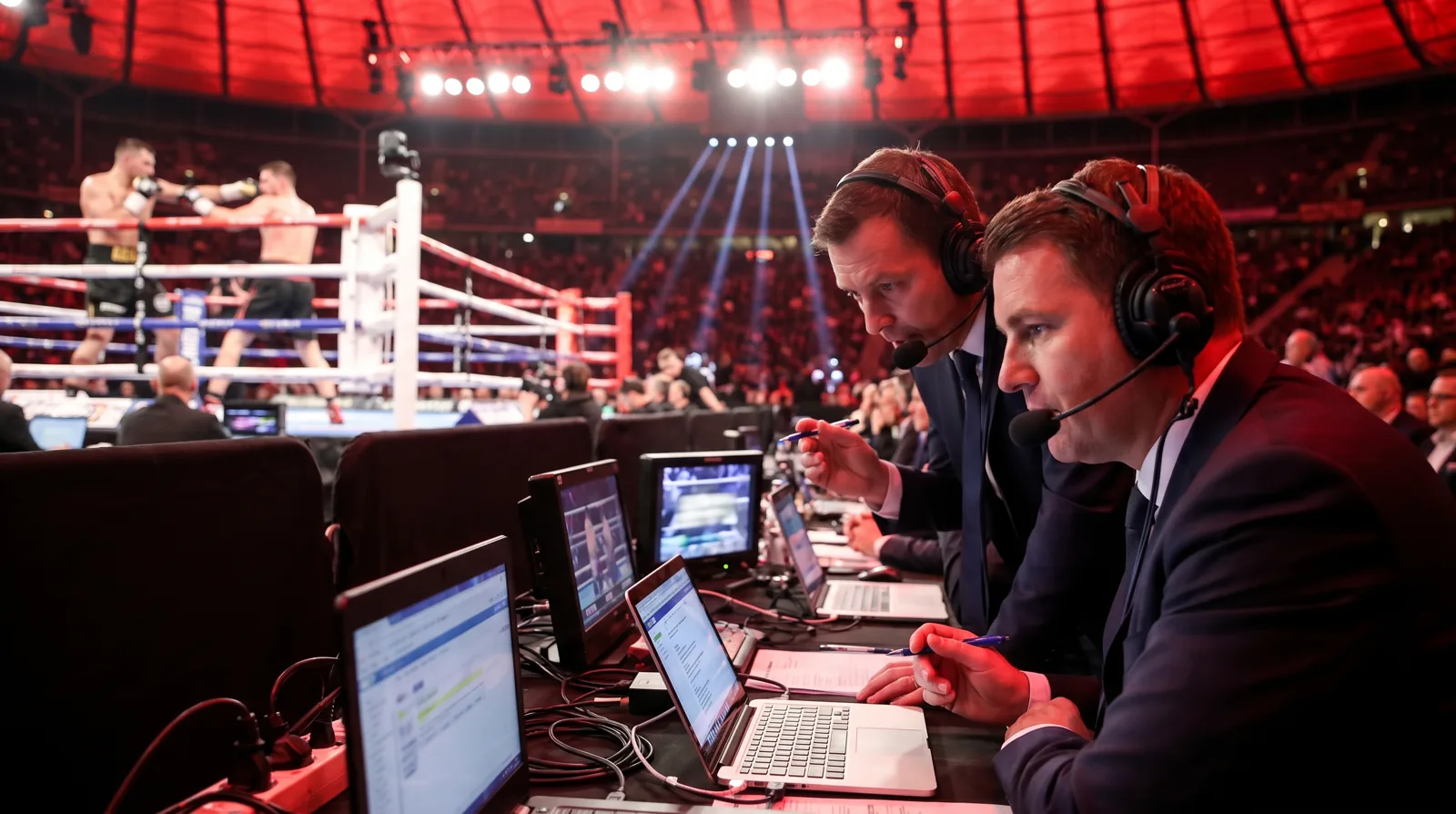 Dos comentaristas con cascos y micrófono en la mesa junto al ring durante una velada