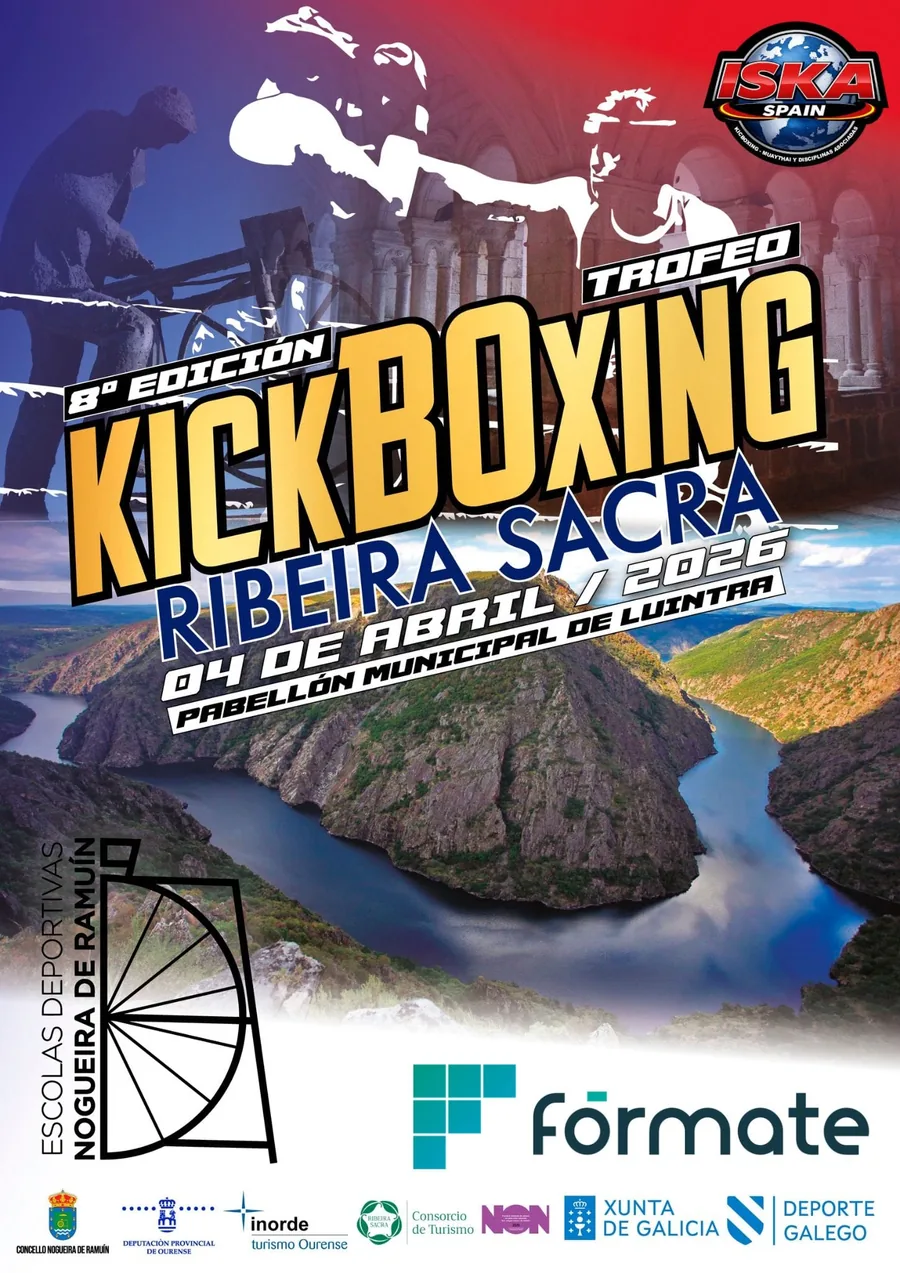 Cartel oficial de la 8ª edición del trofeo kickboxing ribeira sacra, 4 de abril de 2026, pabellón municipal de luintra