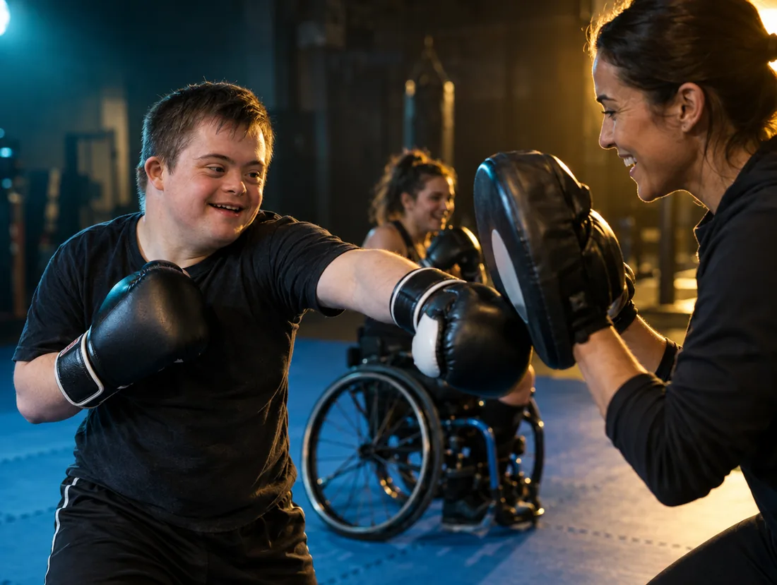 Kickboxing inclusivo: deportista golpeando manoplas con su entrenadora y compañero en silla de ruedas