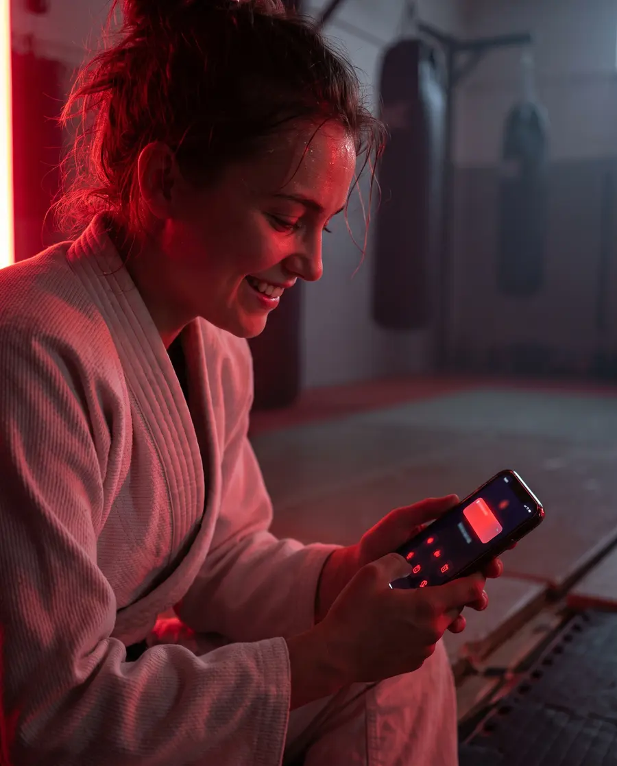 Deportista con kimono sentada en el tatami sonriendo mientras mira la app de su club en el móvil