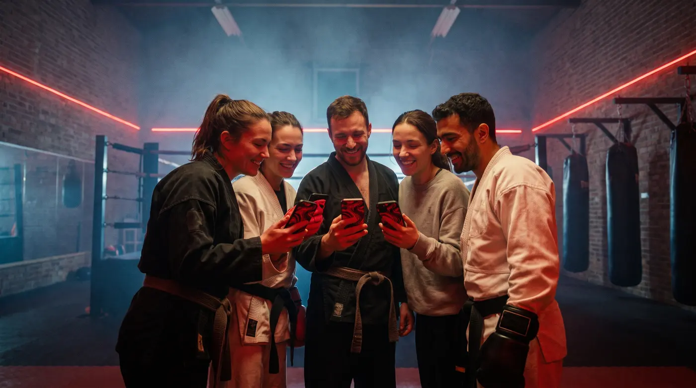 Socios de un club de artes marciales mirando a la vez el móvil al recibir un aviso de la app del club