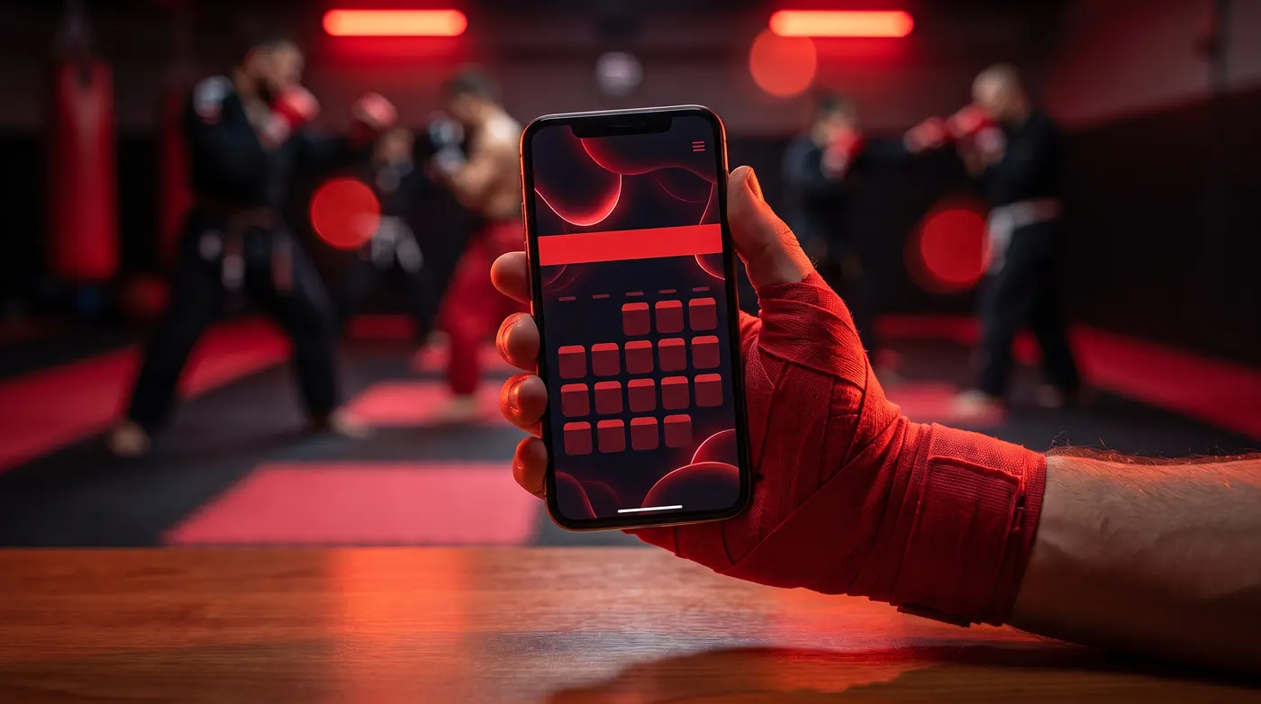 Mano con venda de boxeo sosteniendo un móvil con la app de un club deportivo, con el tatami desenfocado detrás