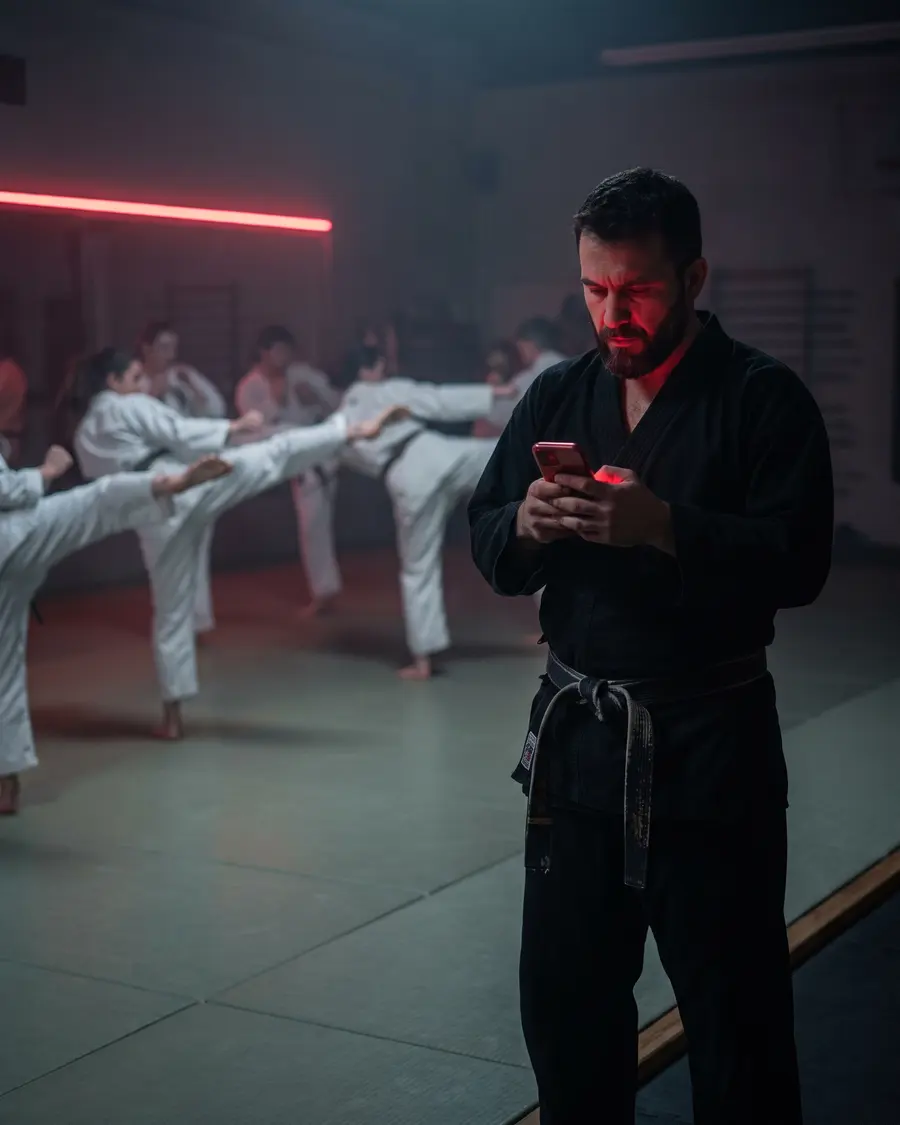 Entrenador de artes marciales con kimono negro mirando el móvil en el tatami mientras sus alumnos entrenan