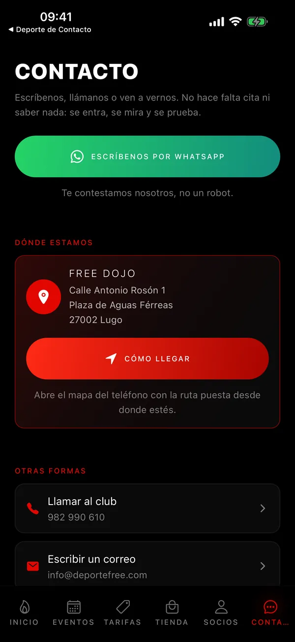 App de free dojo: contacto por whatsapp, dirección del club y botón de cómo llegar