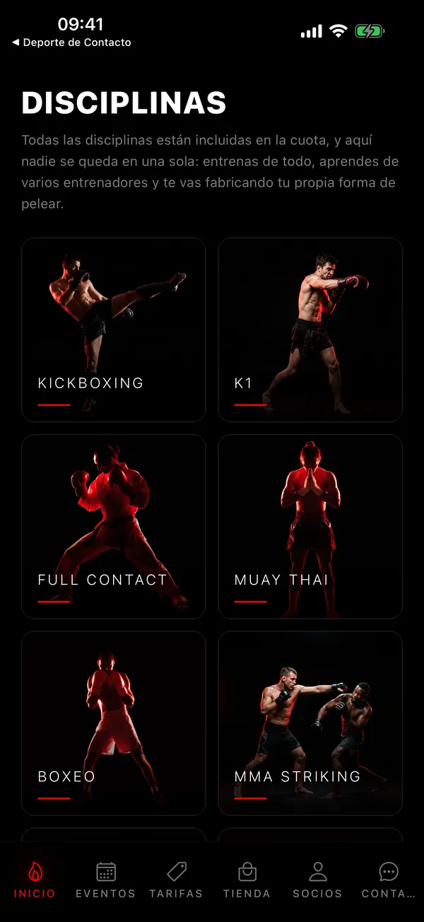 App de free dojo: pantalla de disciplinas con fotos de kickboxing, k1, full contact, muay thai, boxeo y mma