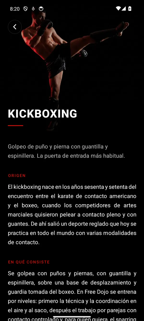 App de free dojo: ficha de la disciplina de kickboxing con su origen y en qué consiste