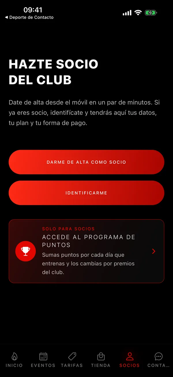 App de free dojo: zona de socios para darse de alta o identificarse
