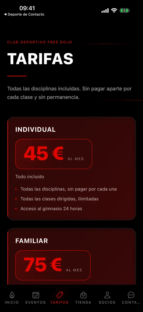 App de free dojo: tarifas individual y familiar con lo que incluye cada una
