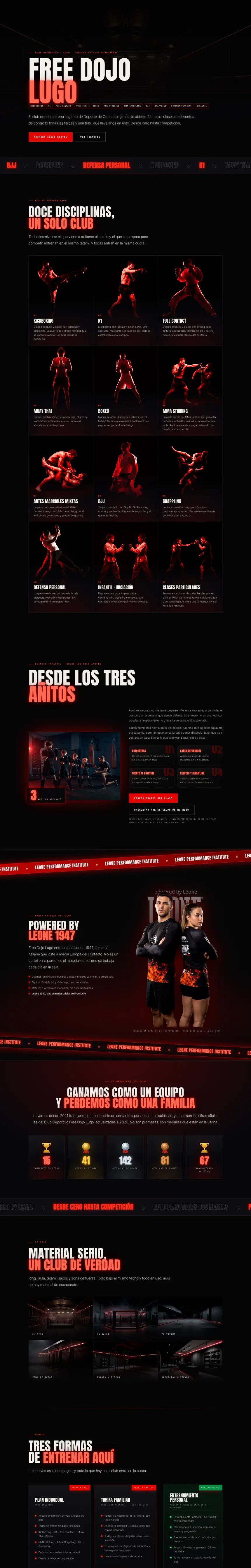 Web del club free dojo lugo diseñada por deporte de contacto, vista en un ordenador: portada, disciplinas, instalaciones y tarifas