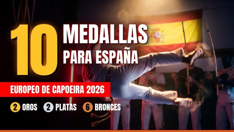 Capoeirista en pleno salto con la bandera de españa al fondo y el rótulo 10 medallas para españa en el europeo de capoeira 2026