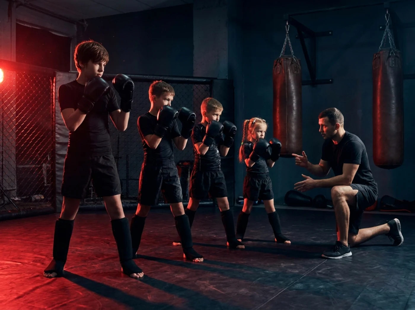 Cuatro niños con equipación de mma —guantes, espinilleras y pantalón de combate— en guardia durante una clase infantil de free dojo lugo, con el monitor corrigiendo