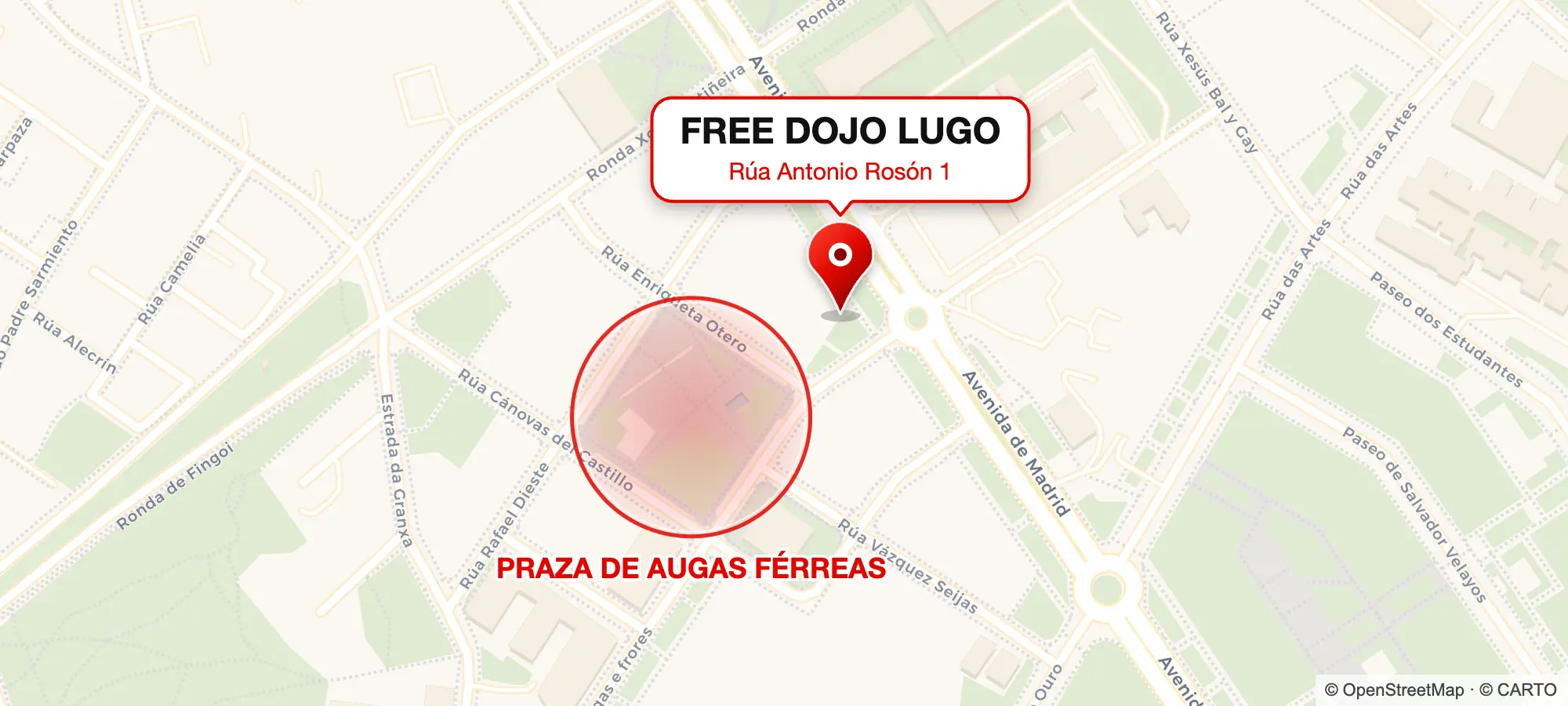 Mapa de la ubicación de free dojo lugo, en la calle antonio rosón 1, plaza de aguas férreas, 27002 lugo