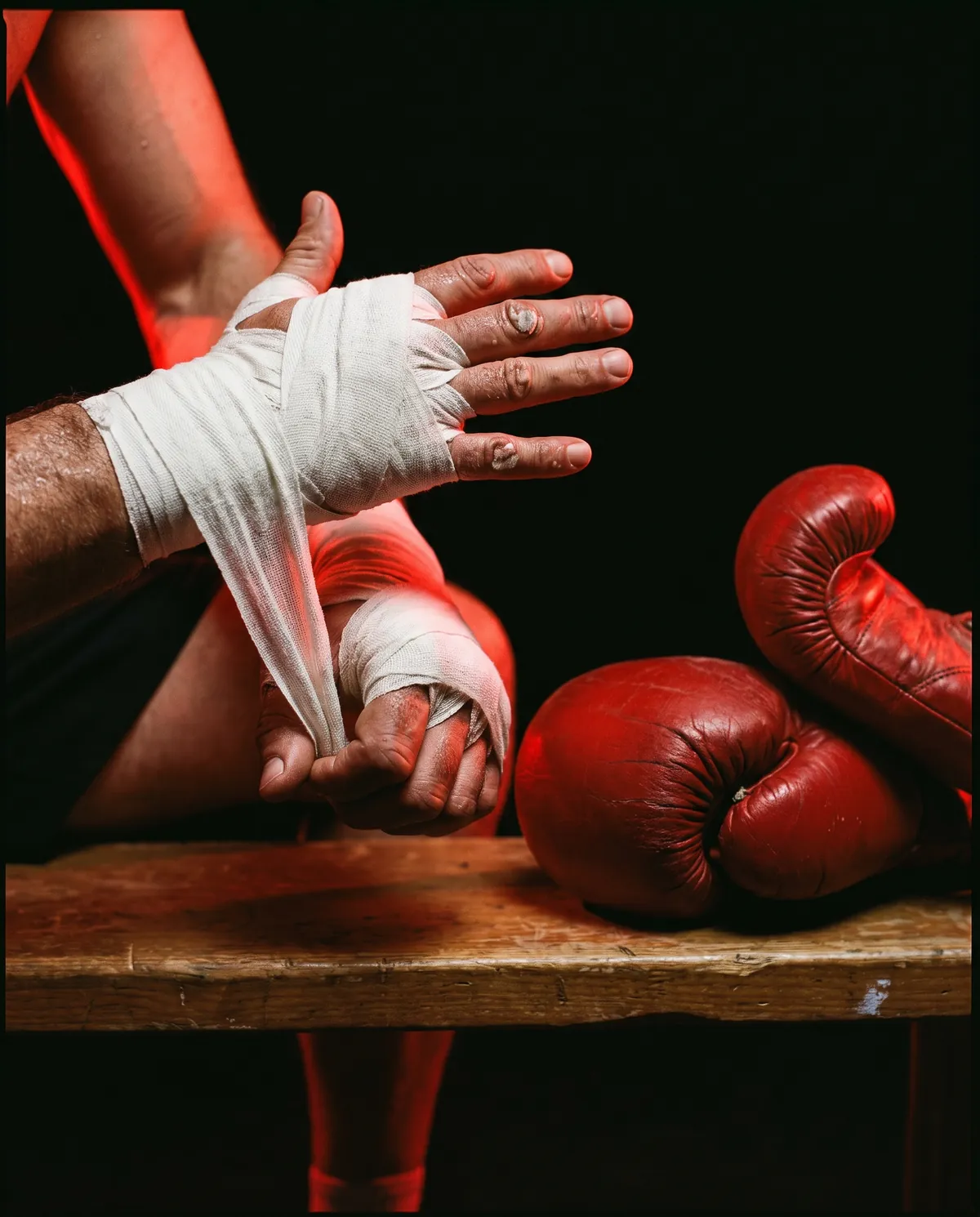 Manos de un boxeador vendándose junto a unos guantes rojos