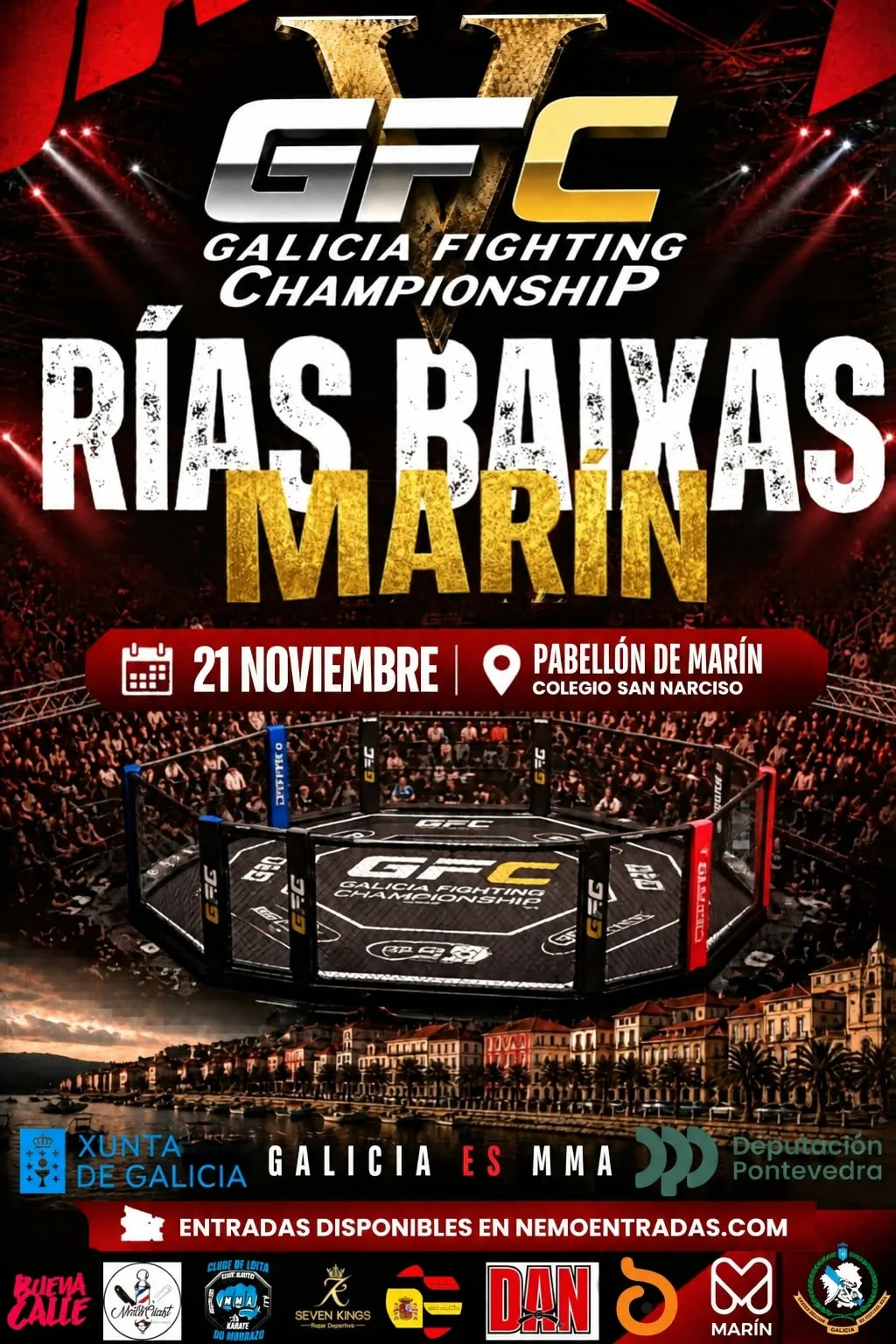 Cartel de la v velada rías baixas del gfc: 21 de noviembre en el pabellón del colegio san narciso, marín