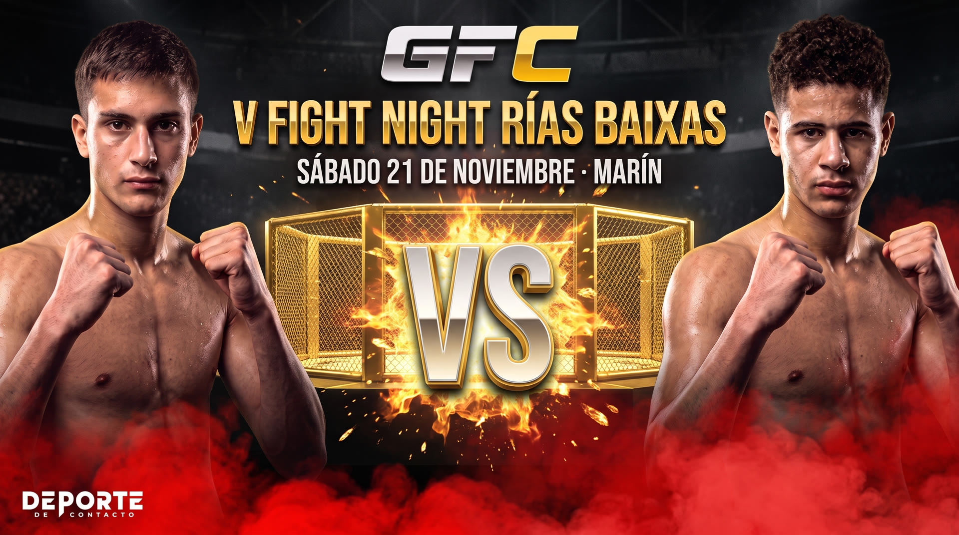Cartel horizontal de la v fight night rías baixas del gfc: sábado 21 de noviembre en marín, martín santoro vs medhi soune
