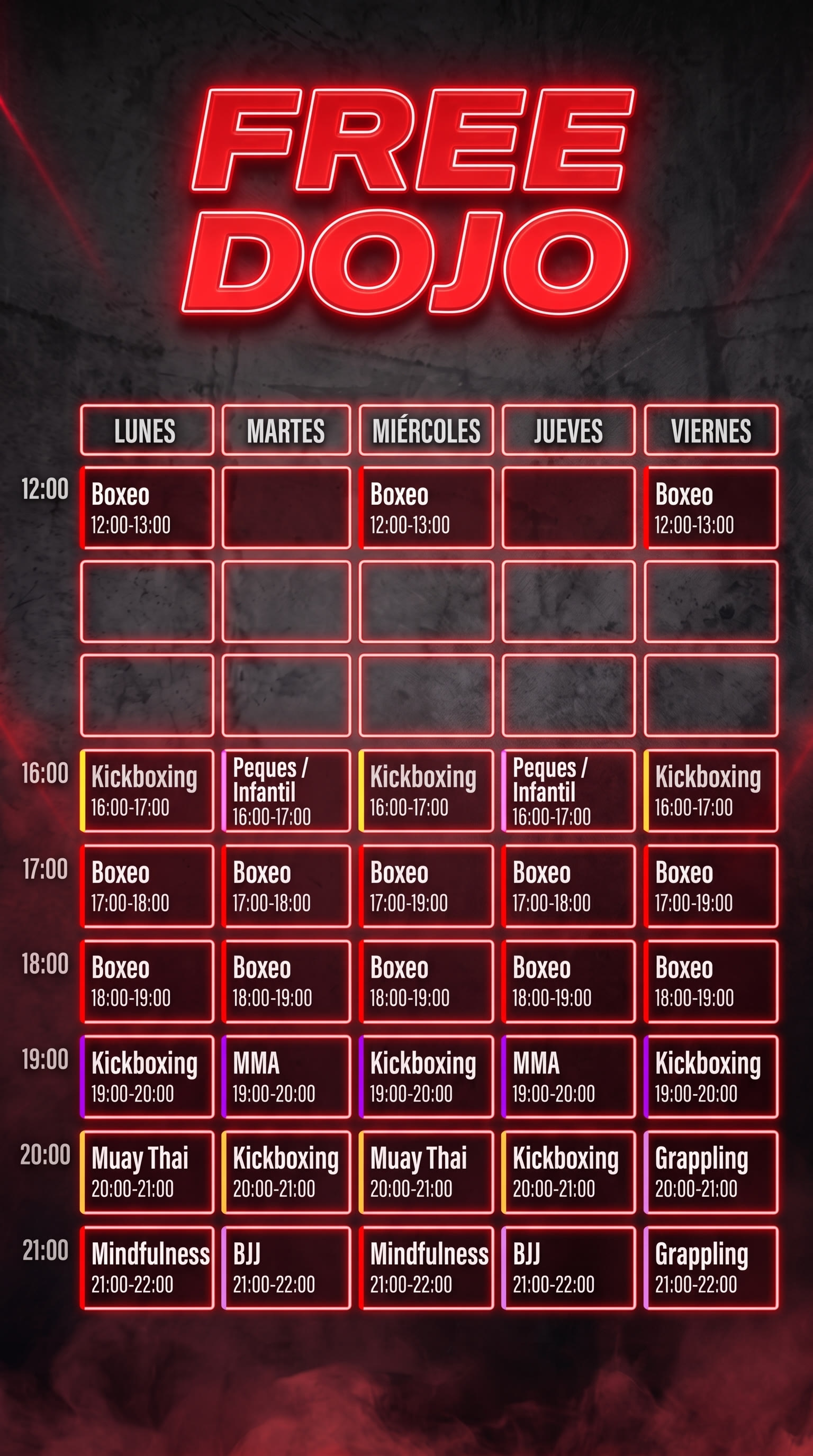 Horario de free dojo lugo, curso 2026-2027: boxeo de 12:00 a 13:00 lunes, miércoles y viernes; y por la tarde, de 16:00 a 22:30, full contact, boxeo, kickboxing, mma, muay thai, grappling, bjj, mindfulness y clase de peques