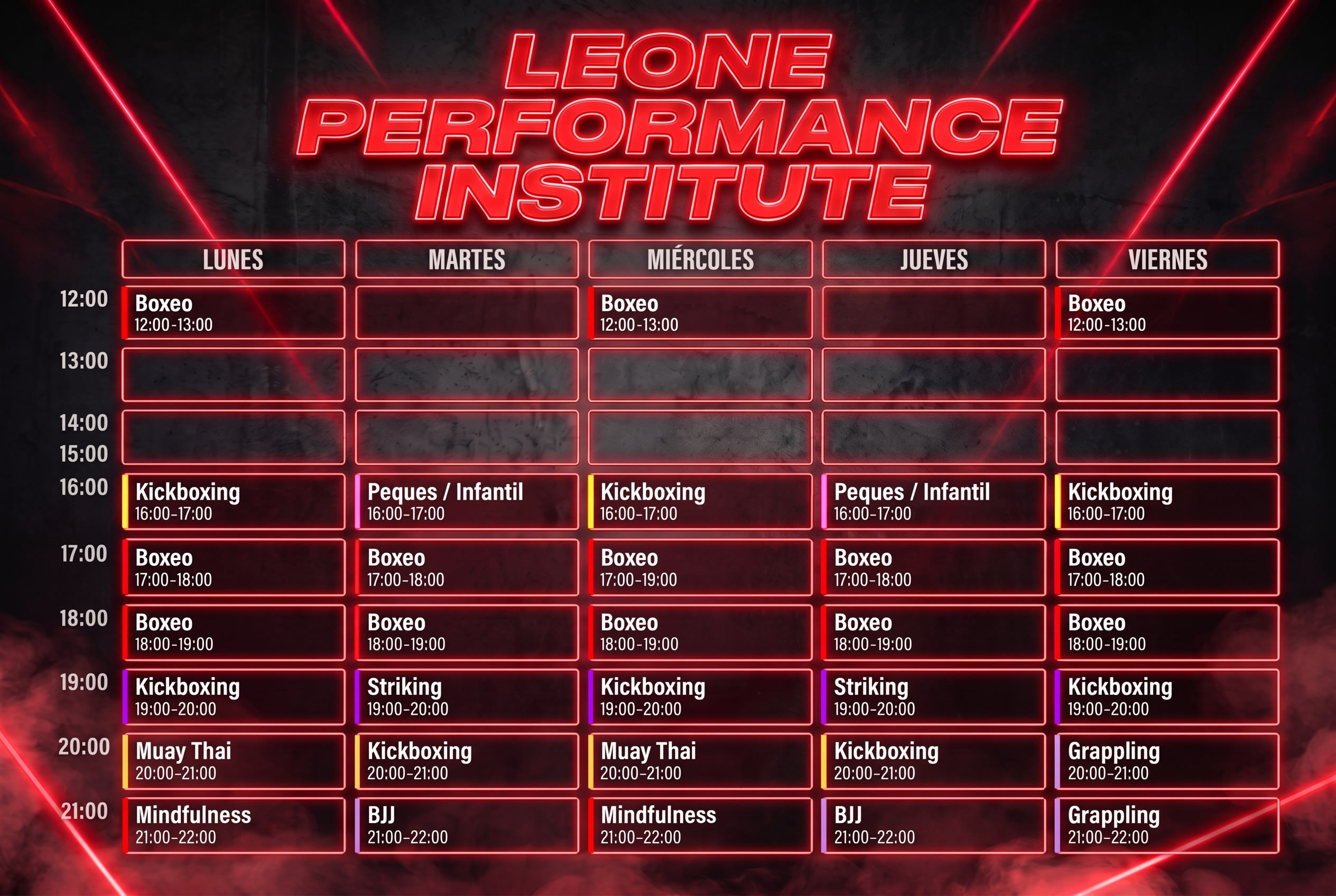 Horarios · free dojo lugo Horario de free dojo lugo, curso 2026-2027: boxeo de 12:00 a 13:00 lunes, miércoles y viernes; y por la tarde, de 16:00 a 22:30, full contact, boxeo, kickboxing, mma, muay thai, grappling, bjj, mindfulness y clase de peques