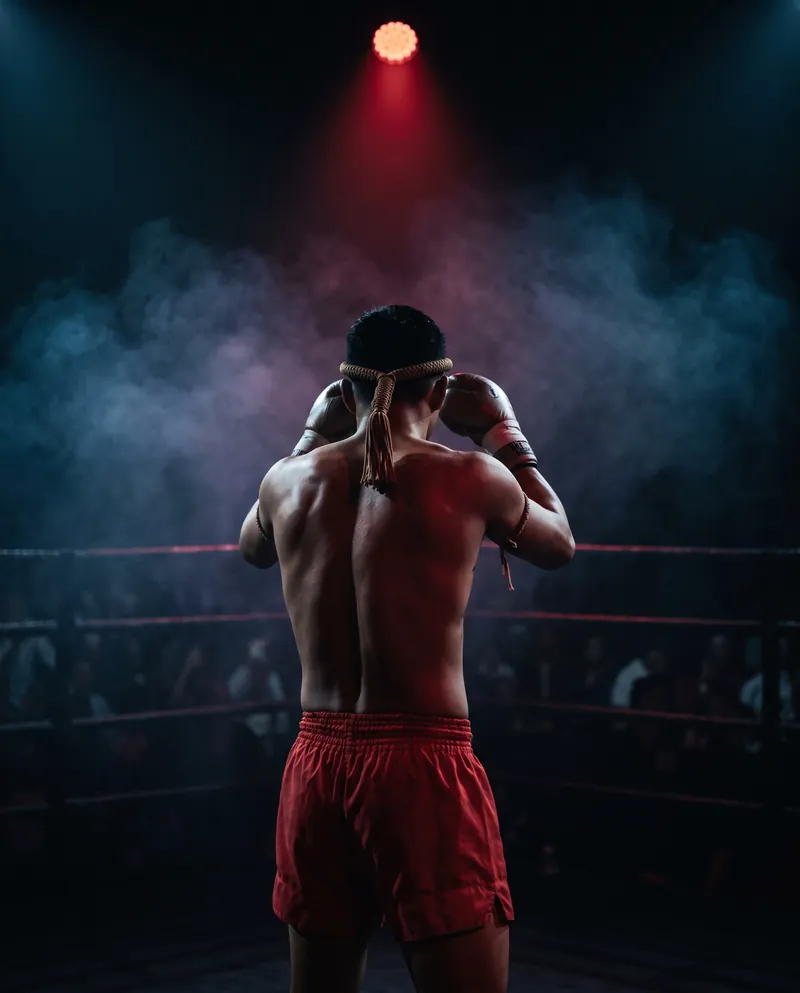 Luchador de muay thai de espaldas con mongkol y pantalón rojo en la esquina del ring