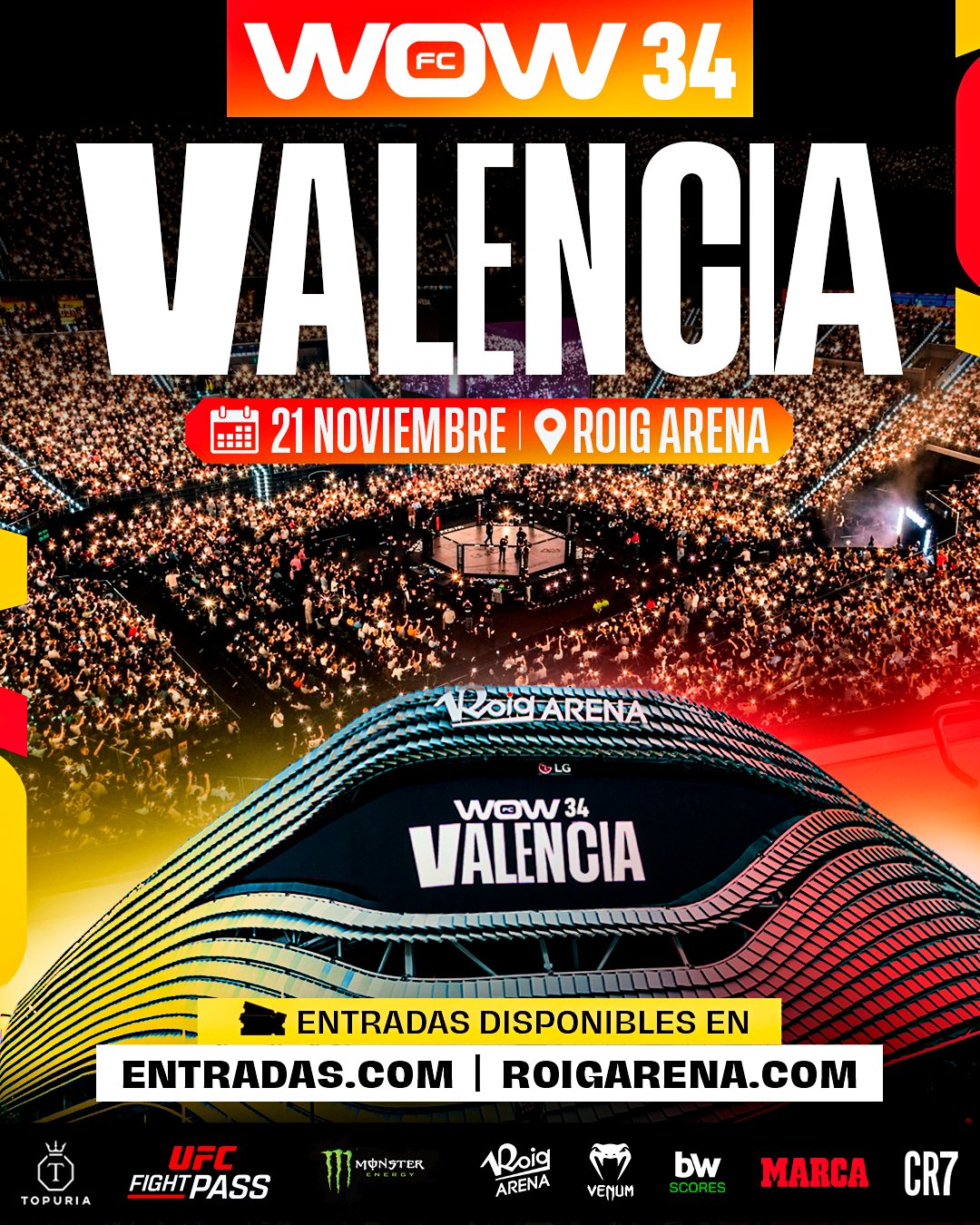 Cartel de wow 34 valencia en el roig arena el 21 de noviembre